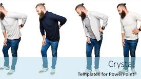  Presentation with back pain - Presentation design consisting of collage of young man with bun over white isolated background suffering of backache touching back with hand muscular pain background and a light blue colored foreground