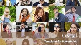  Presentation with conference phone calls - Colorful PPT layouts enhanced with collage people calling by phone backdrop and a coral colored foreground