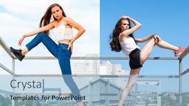  Presentation with collage - Audience pleasing theme consisting of collage-two-pretty-young-brunette backdrop and a light blue colored foreground