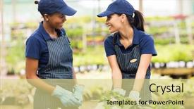  Presentation with greenhouse - PPT theme having collar - two happy gardeners talking background and a soft green colored foreground