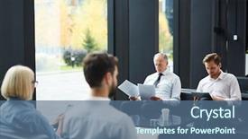  Presentation with busy work - Slide set enhanced with collar workers sitting in lounge background and a  colored foreground