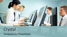  Presentation with working - Colorful slide deck enhanced with collar workers working on computer backdrop and a light blue colored foreground