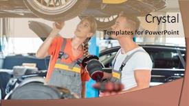  Presentation with female mechanic - Colorful presentation design enhanced with system in a modern automobile backdrop and a coral colored foreground