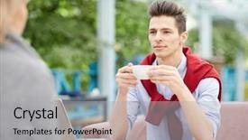  Presentation with tea and coffee - Presentation theme featuring colleague and discussing business moments background and a  colored foreground