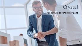  Presentation with architects - Presentation theme consisting of colleague architects congratulating each other on a good solution background and a light blue colored foreground