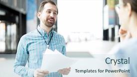  Presentation with lawyer client meeting - Colorful presentation theme enhanced with colleague at meeting in lounge backdrop and a  colored foreground