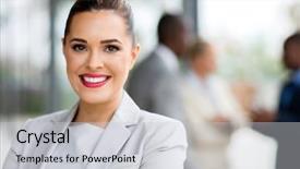 Presentation with office - Slide deck consisting of colleague confident - happy attractive businesswoman in office background and a  colored foreground