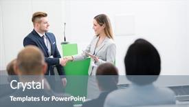  Presentation with lecture hall - Cool new presentation theme with colleague in front of audience backdrop and a seafoam green colored foreground