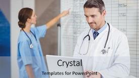  Presentation with farewell party for colleague - Colorful PPT theme enhanced with pointing at chart in hospital backdrop and a light blue colored foreground