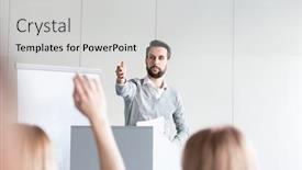  Presentation with speaker - PPT theme having colleague-raising-hand-while-business background and a light gray colored foreground