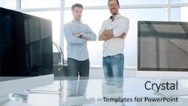  Presentation with employees - PPT layouts with colleague review - business background two employees standing background and a light blue colored foreground