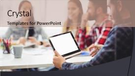  Presentation with office room - Slide deck featuring colleague using digital tablet against photo editors in meeting room at creative office background and a coral colored foreground