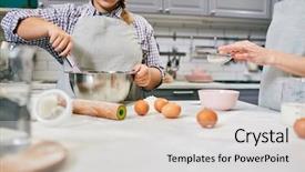  Presentation with low angle view of hockey - Presentation theme with colleague whisking eggs and sifting background and a light gray colored foreground