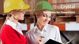  Presentation with employees working together - Cool new slides with colleague working together at warehouse backdrop and a  colored foreground