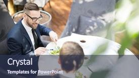  Presentation with lunch - Audience pleasing slide deck consisting of colleagues - businessman and his colleague talking backdrop and a ocean colored foreground