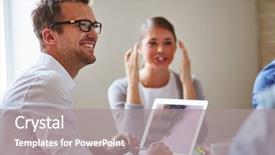  Presentation with colleague farewell goodbye - Slide deck with colleagues - cheerful businessman in eyeglasses looking background and a gray colored foreground