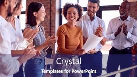  Presentation with cultural - Theme having colleagues-applauding-businesswoman-leading-team background and a navy blue colored foreground