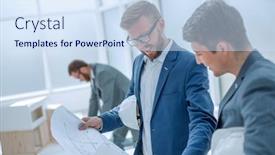  Presentation with architects - Presentation theme consisting of colleagues-architects-discussing-sketches background and a sky blue colored foreground