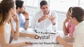  Presentation with conference table - Cool new slides with colleagues at conference table backdrop and a coral colored foreground