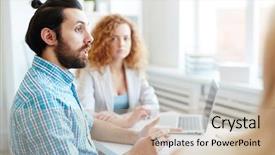  Presentation with cost saving ideas - Amazing theme having colleagues at start-up meeting backdrop and a  colored foreground