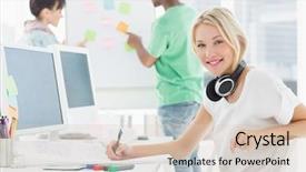  Presentation with artist - Beautiful PPT theme featuring colleagues behind at the office backdrop and a lemonade colored foreground