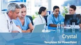  Presentation with medical laptop - Slide set with colleagues behind in medical background and a teal colored foreground