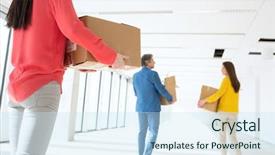  Presentation with rear view of bodyguard - Amazing PPT theme having colleagues carrying cardboard boxes moving backdrop and a sky blue colored foreground