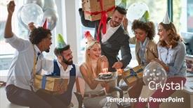  Presentation with birthday party - PPT theme featuring colleagues-celebrating-birthday-at-work background and a violet colored foreground