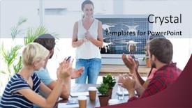  Presentation with drones - Slides enhanced with colleagues clapping hands in a meeting against composite image of four drones background and a light blue colored foreground