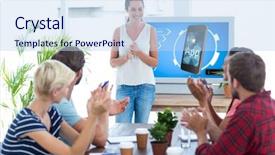  Presentation with application - Slides having colleagues clapping hands in a meeting against ad for a new application background and a sky blue colored foreground