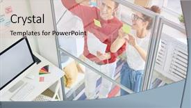  Presentation with noticeboard - PPT layouts with colleagues discussing notes on notepaper background and a lemonade colored foreground