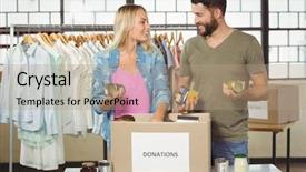  Presentation with donation - Audience pleasing PPT layouts consisting of colleagues discussing while separating products from donation box backdrop and a coral colored foreground