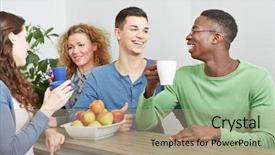  Presentation with cold brew coffee - Theme enhanced with colleagues drinking coffee in break background and a coral colored foreground