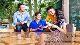  Presentation with cappuccino - Colorful PPT layouts enhanced with colleagues enjoying leisure time backdrop and a coral colored foreground