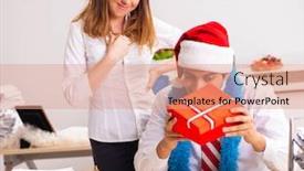  Presentation with christmas presents - Slide deck having colleagues-exchaing-christmas-presents background and a coral colored foreground