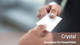  Presentation with business cards - Beautiful presentation design featuring colleagues exchanging their business card backdrop and a coral colored foreground