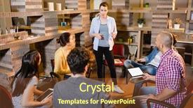  Presentation with discussion - Presentation theme with colleagues having discussion at office background and a tawny brown colored foreground