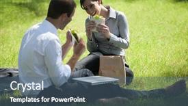  Presentation with lunch - Slide deck featuring colleagues having lunch break outdoors background and a ocean colored foreground