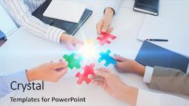  Presentation with puzzle piece steps - Cool new presentation with colleagues holding piece of puzzle backdrop and a soft green colored foreground