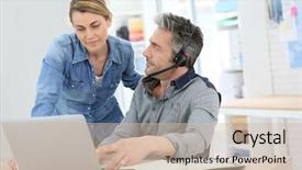  Presentation with computer - Slide set with colleagues-in-office-working background and a soft green colored foreground