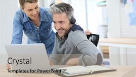  Presentation with computer - Presentation theme with colleagues-in-office-working background and a mint green colored foreground