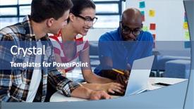  Presentation with desk - Beautiful theme featuring colleagues interact using laptop at their desk in the office backdrop and a ocean colored foreground