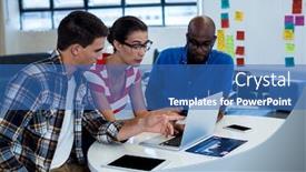  Presentation with desk - Cool new presentation theme with colleagues-interact-using-laptop and a ocean colored foreground