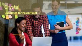  Presentation with desk - Amazing slide deck having colleagues-interact-using-laptop backdrop and a tawny brown colored foreground