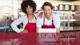  Presentation with bistro and bakery - PPT theme having colleagues posing with open sign background and a violet colored foreground