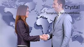  Presentation with shaking hands - Audience pleasing presentation design consisting of colleagues shaking hands on world backdrop and a light blue colored foreground