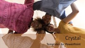  Presentation with huddle - Audience pleasing PPT layouts consisting of colleagues smiling while forming huddle backdrop and a red colored foreground