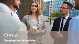  Presentation with multi ethnic group - PPT theme having colleagues standing at office building background and a gray colored foreground