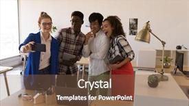  Presentation with diverse young adults - Slides having colleagues taking selfie with mobile background and a tawny brown colored foreground