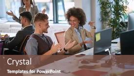  Presentation with business casual - PPT layouts featuring colleagues-talking-smiling-explaining background and a tawny brown colored foreground